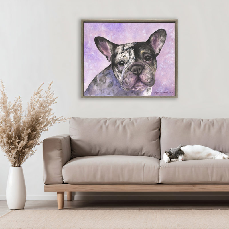 Cadre flottant Harlequin French Bulldog, design par George Dyachenko, H 25 po x l 31 po, Cadre flottant orme Montalcino