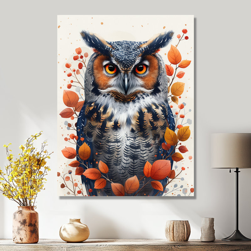 Nobel Owl Red Autumn Leaves - impression d'art mural animal hibou, Toile tendue, H 20 po x l 12 po x P 1 po