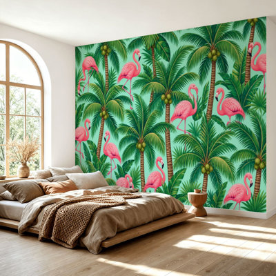 Papier peint auto-adhésif, feuilles de palmier tropicales roses, feuilles de la jungle, décoration florale autoadhésive sans contact, papier mural pour salon, chambre à coucher H 69 po x l 96 po