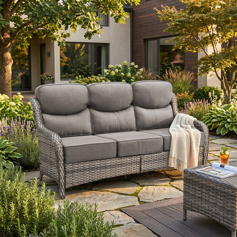 Meriline 75" Wide Straight Outdoor Wicker Patio Sofa With 6" Thick Cushions, Gray, Gray