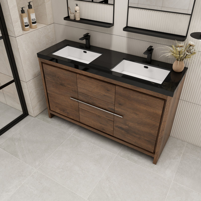 Bayyinahi 58.82'' Double Bathroom Vanity with Plastic Top, Rosewood