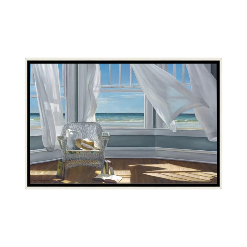 «Gentle Reader» par Karen Hollingsworth, H 26 po x l 40 po x P 1,5 po, Toile encadrée flottante blanc vieilli