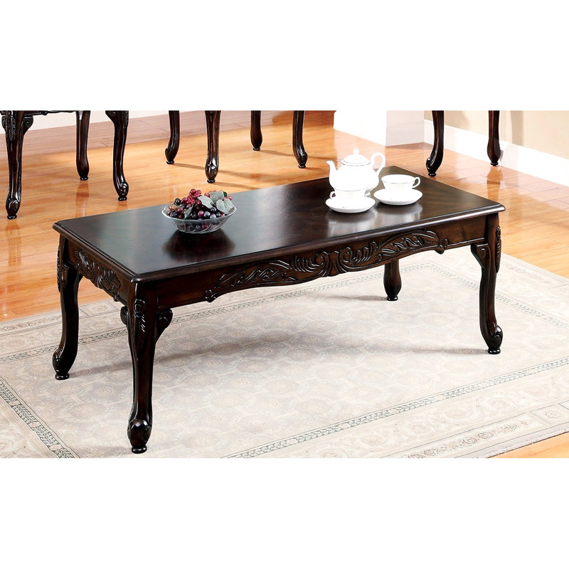 Dark Cherry 3 Traditional Coffee Table In Solid Wood With Legs And Detailed Design Element Ornament, 1 2 End Tables For Main Living Decor Space Zone Finish Elaborate Pattern Detail, Quarters