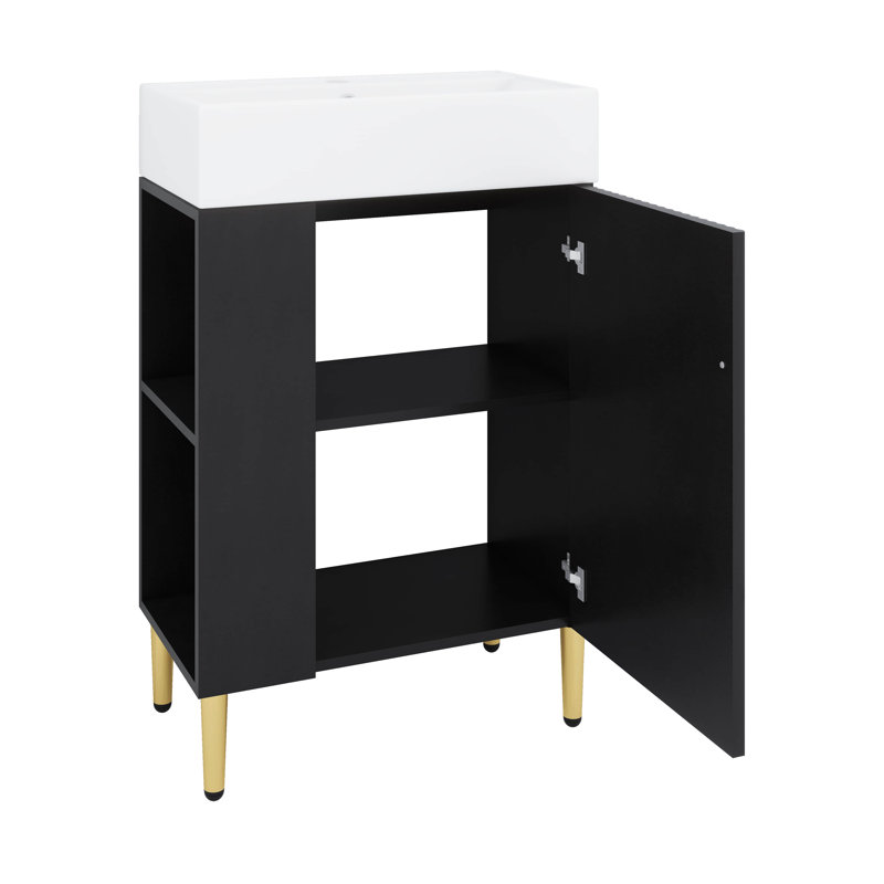 Petit meuble-lavabo 21,6 po avec lavabo, portes et tablettes de rangement, Noir