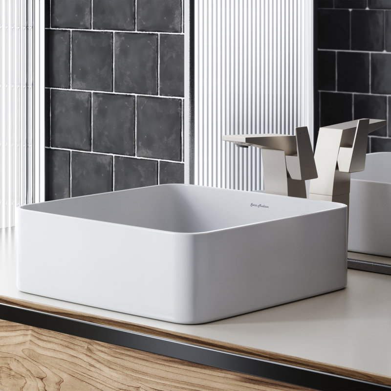 White Ceramic Square Above-Counter Vessel Sink, 15.74"