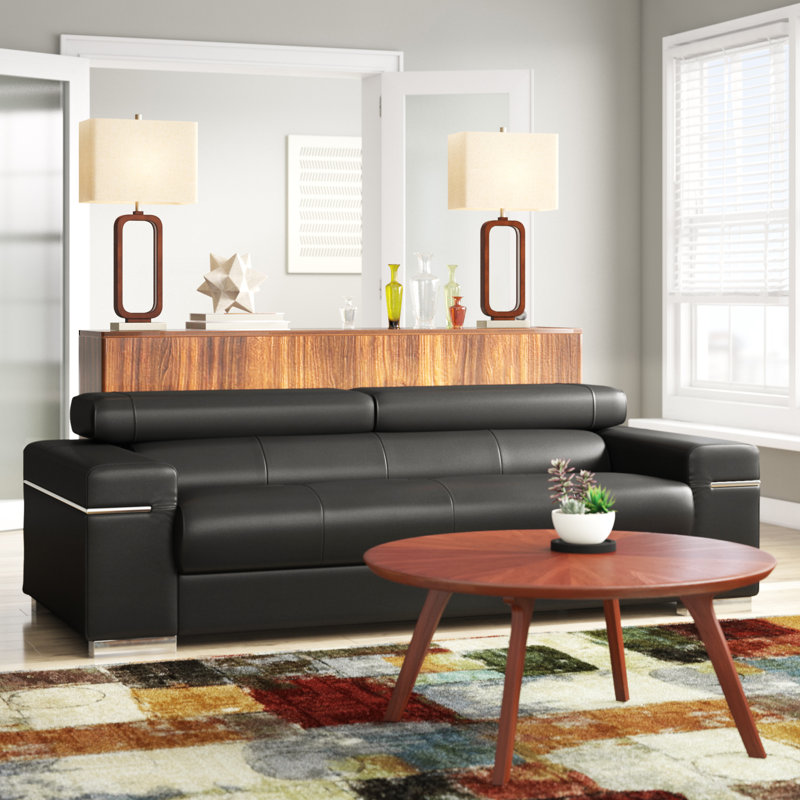 Orlando Upholstered 86'' Sofa, Black Genuine Leather, 3