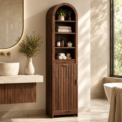 Meuble-lavabo de salle de bain à 4 niveaux avec porte grillagée et plateau arqué, armoire de rangement moderne pour la salle de bain - Finition noyer