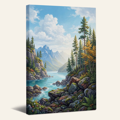 «Mountain Lake» avec pin et nuages, art mural sur toile