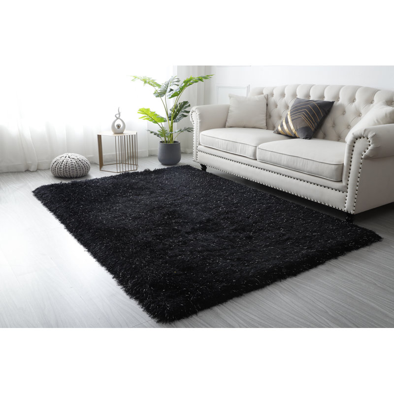 Tapis noir à longs poils Varina Collection, Rectangle 8 pi x 10 pi