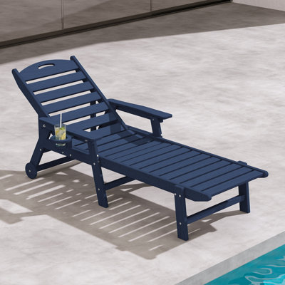 HDPE Outdoor Chaise Lounge, 5‑Position Adjustable Recliner with Rolling Wheels & Built‑In Cup Holder, Weather Resistant for Patio, Pool, Garden & Backyard