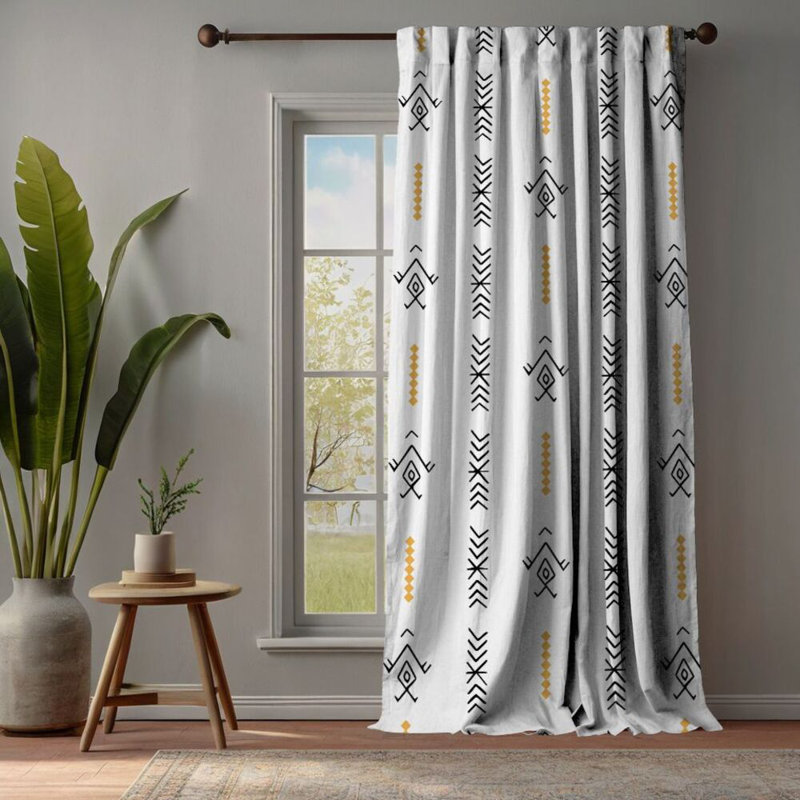 Ethnic Decor Pattern Lined Single Panel Curtain, White, 52" W x 45" L