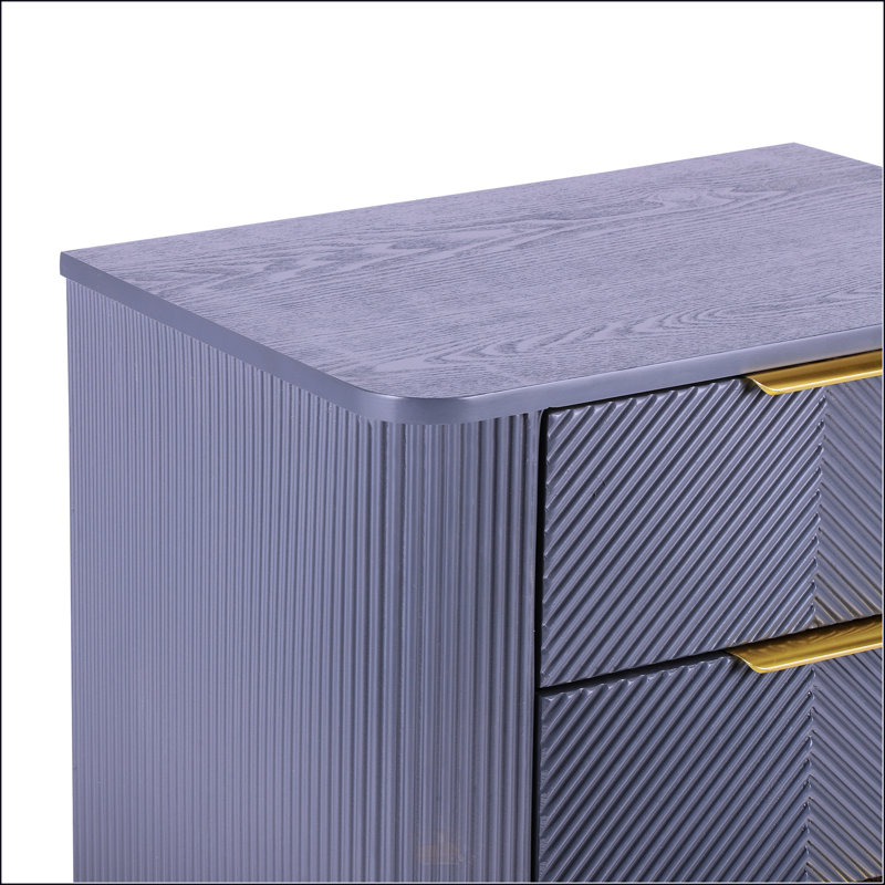 Table de chevet cannelée Mid-Century à 3 tiroirs avec un design incurvé et des poignées dorées, Gris foncé