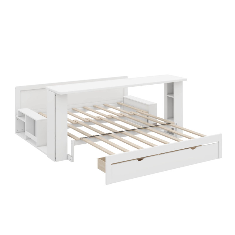 Wooden Queen-Size Daybed With Built-In Storage Drawers, Removable Desk, And Hydraulic Side Table, Queen, White