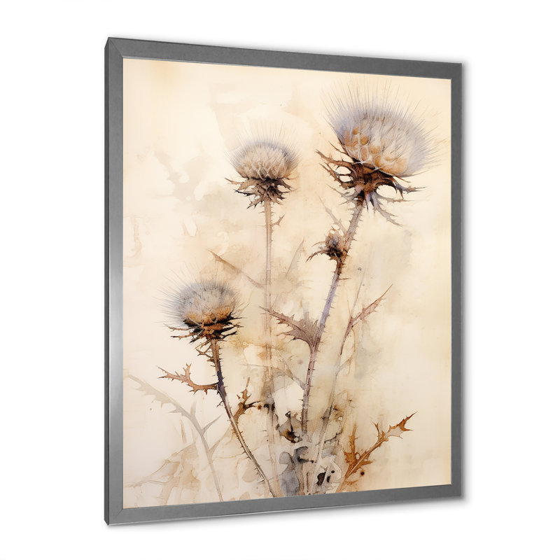 Fleur de chardon beige en sourdine - impressions sur toile chardon, H 40 po x l 30 po, Cadre photo blanc