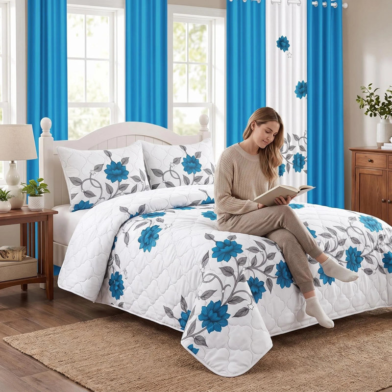 Ensemble de 9 couvre-lits et rideaux en microfibre 9 pièces avec 2 taies décoratives et 6 panneaux de rideaux filtrant la lumière avec œillets
