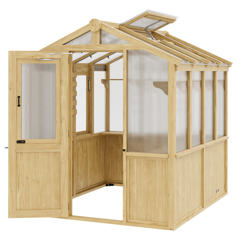 Natural Cedar and Polycarbonate Walk-In Greenhouse with Roof Vent