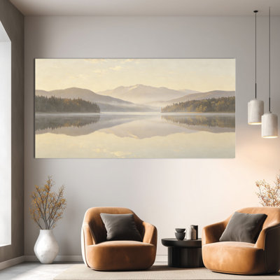 Landscape Lake Wall Art - Serene Nature Canvas Picture, Misty Mountain Reflections, Tranquil Forest Scene Artwork for Living Room, Bedroom, Office, Wrapped Canvas with Pine Frame, 16×32 Inches