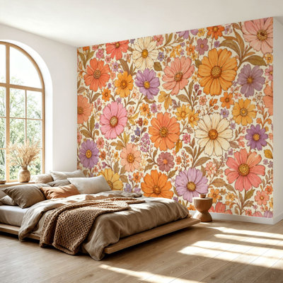 Papier peint auto-adhésif coloré, années 60, 70, rétro, dessiné à la main, fleurs, rose, orange, fleurs, papier autocollant, amovible, contact mural, décoration murale pour le salon, chambre à coucher H 69 po x l 96 po