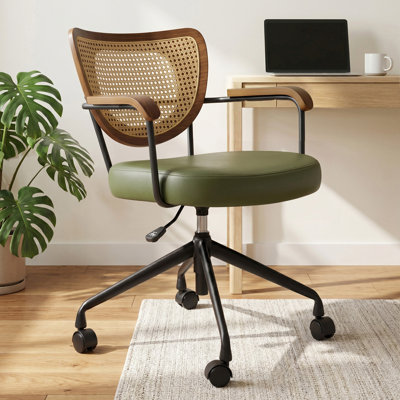 Adjustable Swivel Home Office Chair, Mid-Century Modern Swivel Task Chair with PE Rattan Back Wood Arms