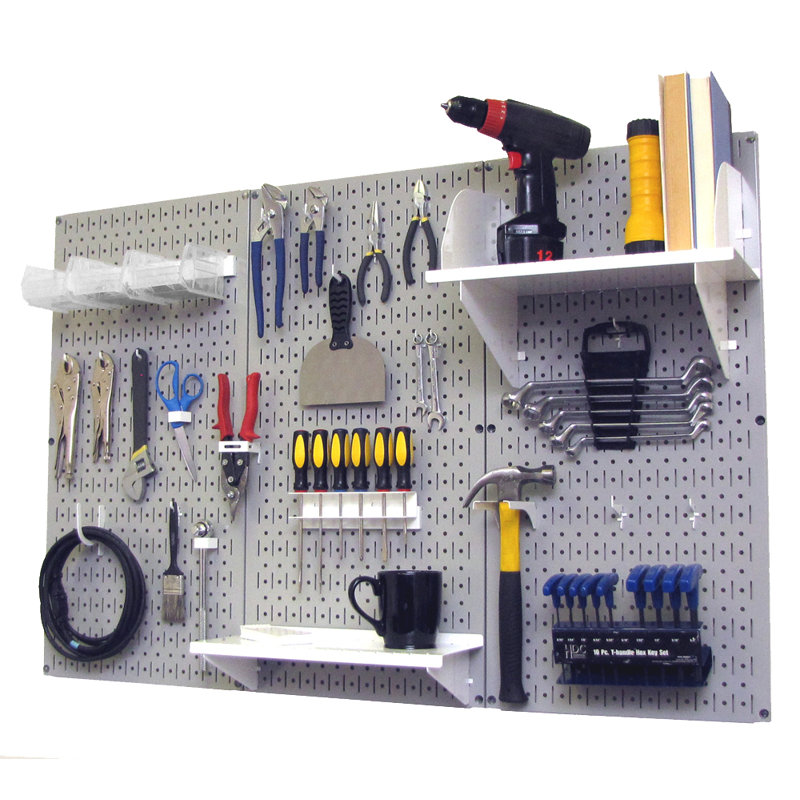 Ensemble de panneau perforé de rangement pour outils standard H 32 po x 48 po, Gris et blanc