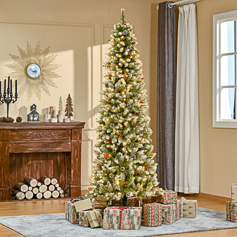 Arbre de Noël artificiel pré-éclairé enneigé, 7.4', Transparent/blanc