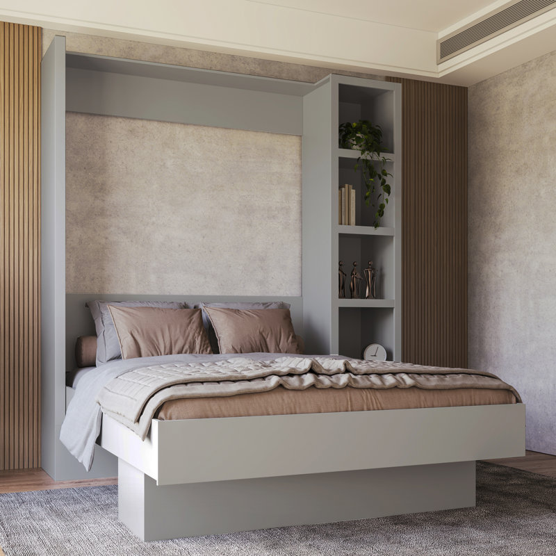 Easy-Lift Murphy Wall Bed with Bookshelf, Gray, Queen