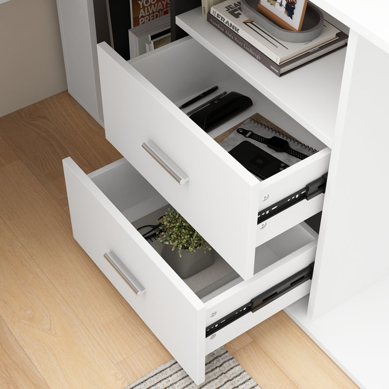 Bureau d'ordinateur en L avec armoire de rangement, tiroirs, tablette ouverte et support pour unité centrale