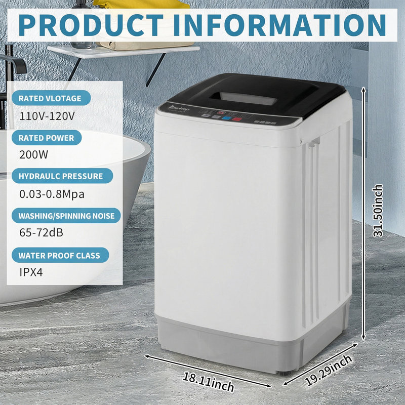 Nina 2.4 cu. ft. Portable Automatic Washer 17.8Lbs Washing Machine Built-in Drain Pump with 10 Programs and 8 Water Levels Selections Mini Washing Machine for Apartment, Dorms, Rv