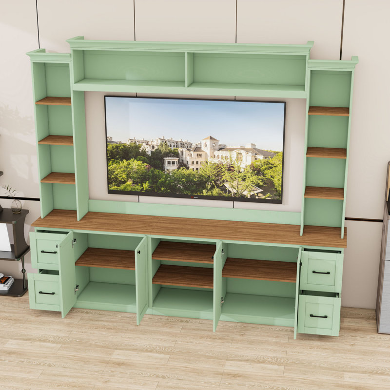 Meuble audio-vidéo avec 4 tiroirs, 2 armoires, tablettes réglables et système de gestion des câbles, Vert menthe