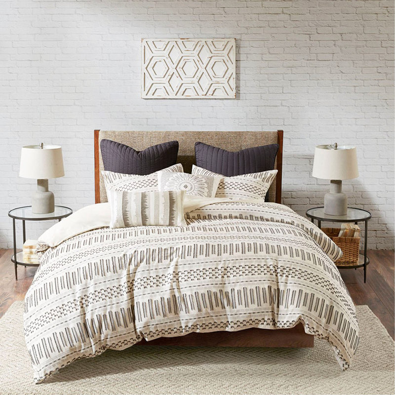Mini ensemble d'édredon en jacquard de coton, Ivoire/gris anthracite, Édredon grand et 2 taies décoratives