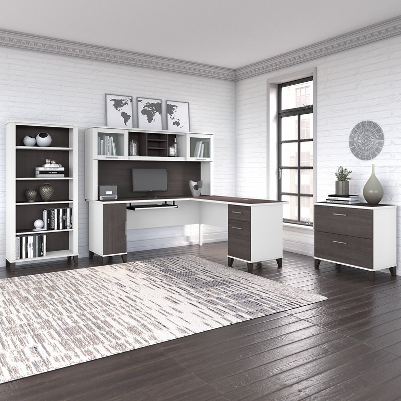 Ensemble de bureau d'ordinateur en L avec huche Magomed, Gris orage / Blanc