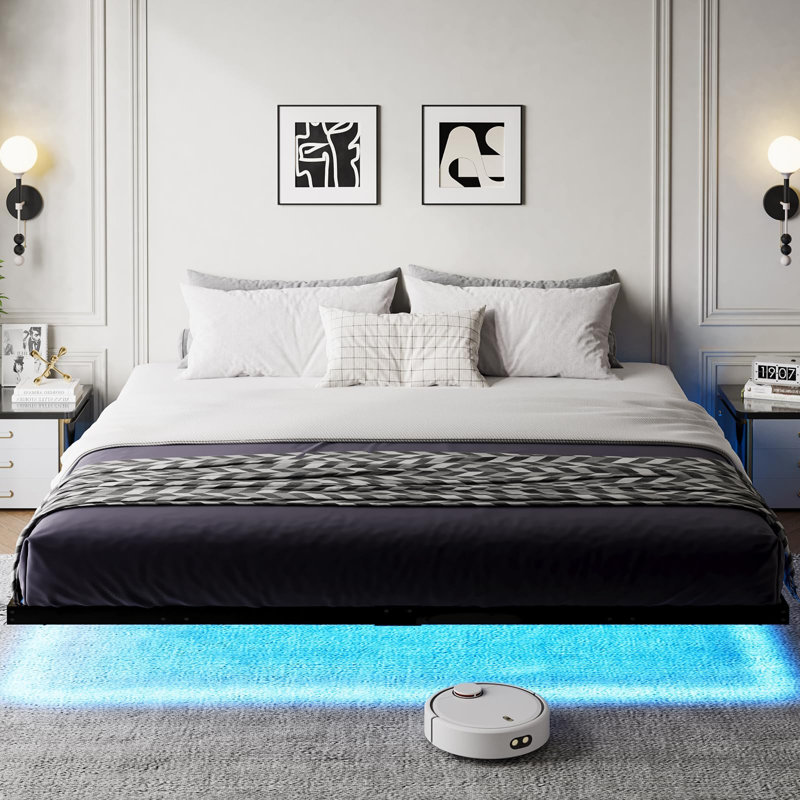 King Black Metal Floating Bed Frame with LED Lights