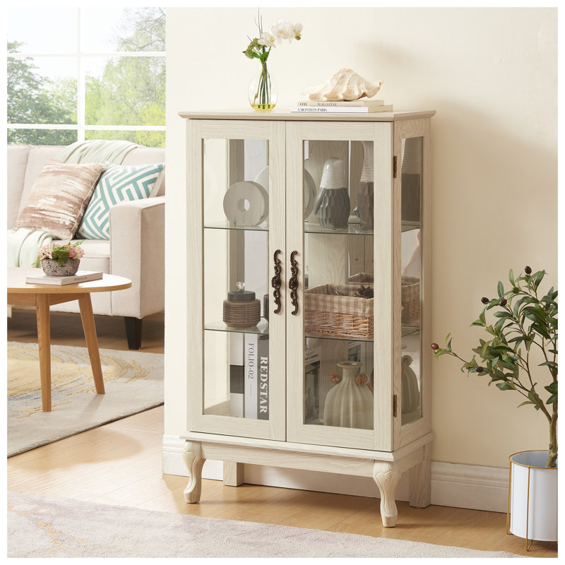 2-Door White Curio Cabinet with Tempered Glass Doors, Lighted Display Cabinet featuring Mirrored Back and Adjustable Shelves - American Retro Style for Home Office