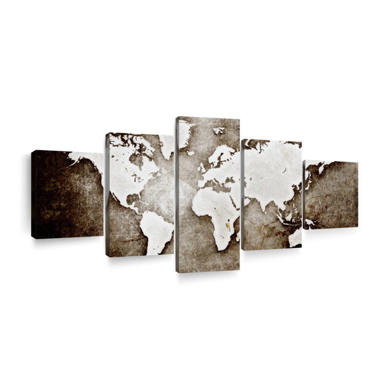 " Old Grunge World Map " by Tess P 5 - Pieces, 36" H x 80" W x 1.25"