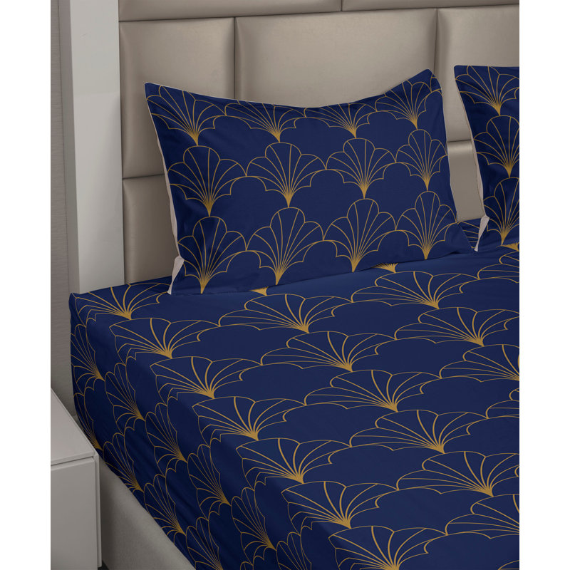 Microfiber Sheet Set, King Sheet Set with 2 Pillowcases, Navy Blue/Sand Brown Geometric