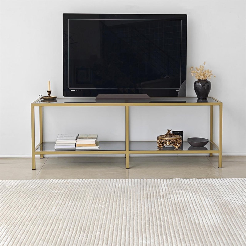 Meuble télé moderne avec plateau 100% verre trempé, finition gris foncé et or | Cadre en métal, 51,2 po x 17,7 po x 15,7 po | Conception élégante pour le salon et les espaces de divertissement, élégante et durable, assemblage facile requis