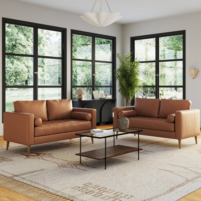 Camel Leather Sofa With Tufted Bench Cushion And Solid Wood Frame