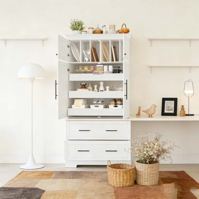 72.6'' Kitchen Pantry, 4 Doors Dining Storage Cabinet with Pull-out Trays, Drawers and Cake Pan Storage