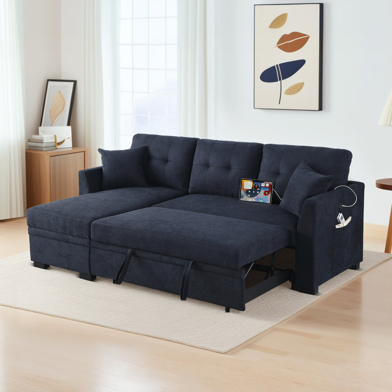 81.5" Wide Convertible Sectional Sofa Bed With Reversible Storage Chaise & Charging Port & Side Pocket
