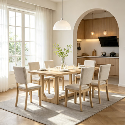 7-Piece Rectangular Dining Set for 6, 68" Natural Wood Kitchen Table with U-Shaped Base & 6 Upholstered Dining Chairs, Farmhouse Dining Room Furniture