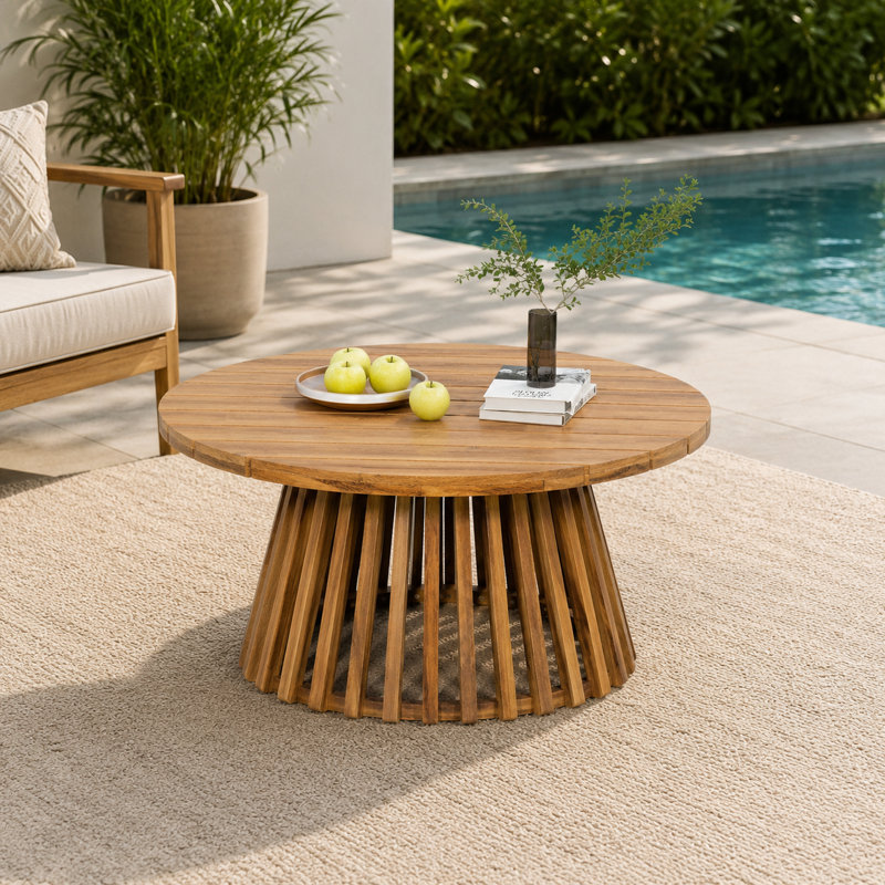 Table basse de patio LifeSky en bois d'acacia : mobilier d'extérieur rond et durable avec base conique à lattes - Table stable de 80 cm (31,5 pouces) pour le jardin et la piscine