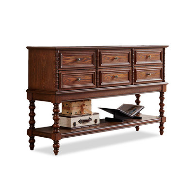 English: Vintage Farmhouse Solid Wood Sideboard, 6 Drawer Turned Leg Double Tier Console Cabinet For Entryway Storage