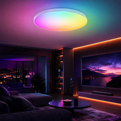 48W Smart RGB+CCT Flush Mount Ceiling Light WiFi Bluetooth Dimmable LED Fixture with Remote and Voice Control, 2700-6500K, Music Sync and Timer