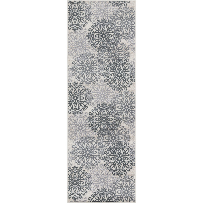 8' Gray Medallion Power Loom Stain Resistant Runner Rug