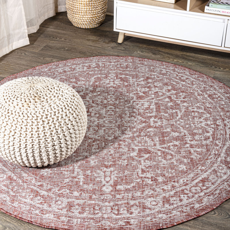 Massimo Bohemian Medallion Textured Weave Red/Taupe Indoor/Outdoor Rug, Round 6'7"