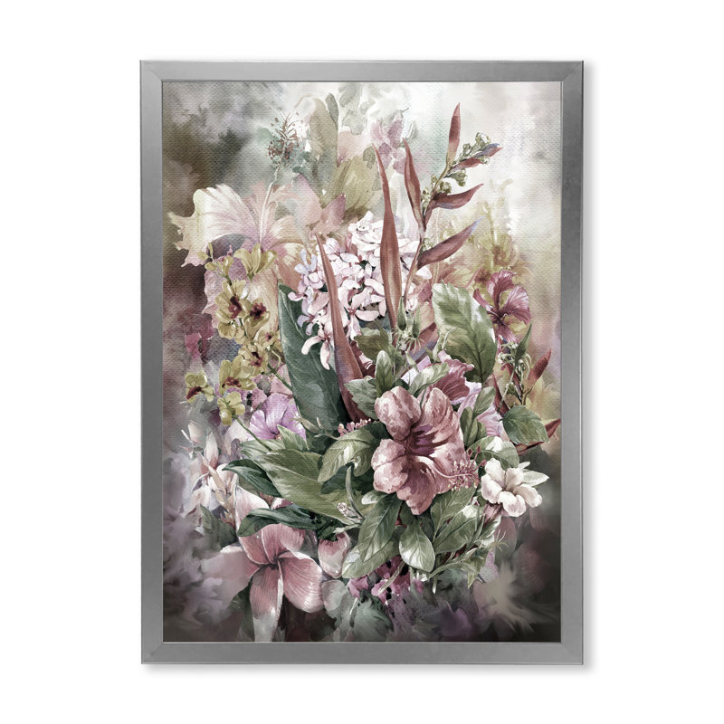 Grunge rose gris, fleurs d'été - décoration murale traditionnelle en toile, H 20 po x l 12 po x P 1 po, Cadre photo argenté