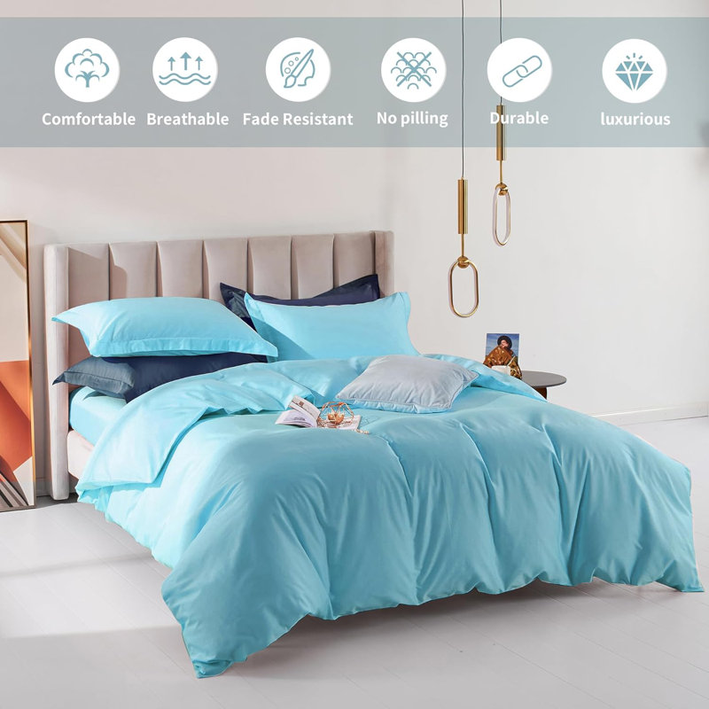 Cotton Sateen Duvet Cover, Queen Duvet Cover + 2 Standard Shams, Blue