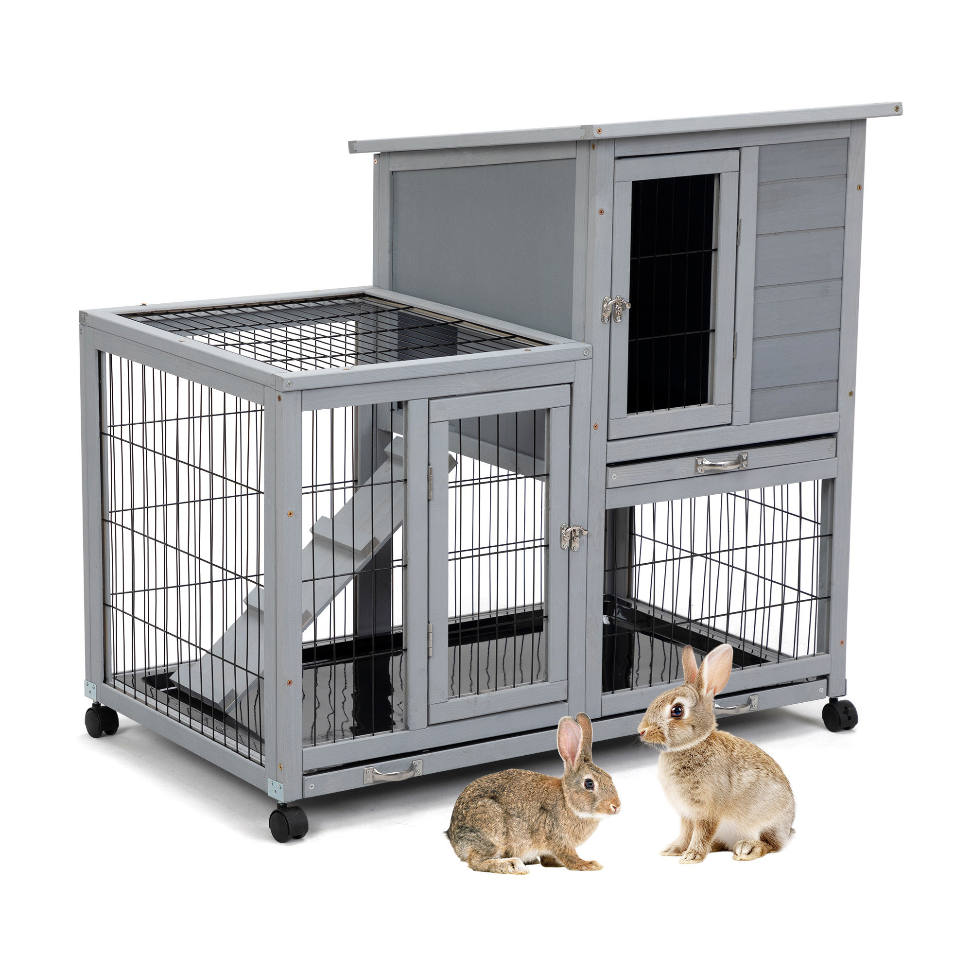 One Allium Way® Detachable Rabbit Hutch with Removable Tray and Rolling ...