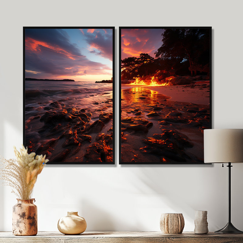 Décoration murale rose et orange bord de mer I - plage côtière côtière, 36" H x 48" W, Impression encadrée flottante, Black
