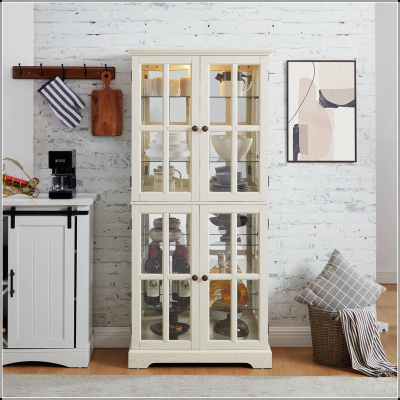 Curio Display Cabinet With Adjustable Shelves And Glass Doors, For Showcasing Collectibles In A Four-Door Design, White